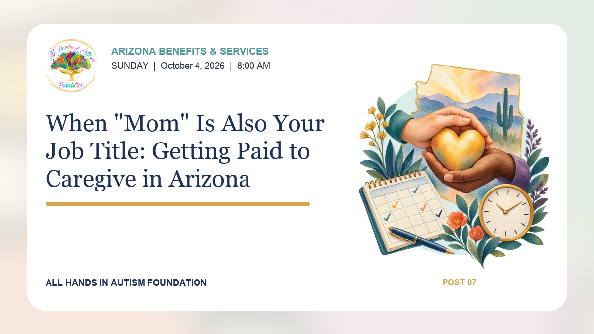 Watercolor timesheet, clock, heart, hands, and Arizona outline representing a parent’s paid caregiving work.