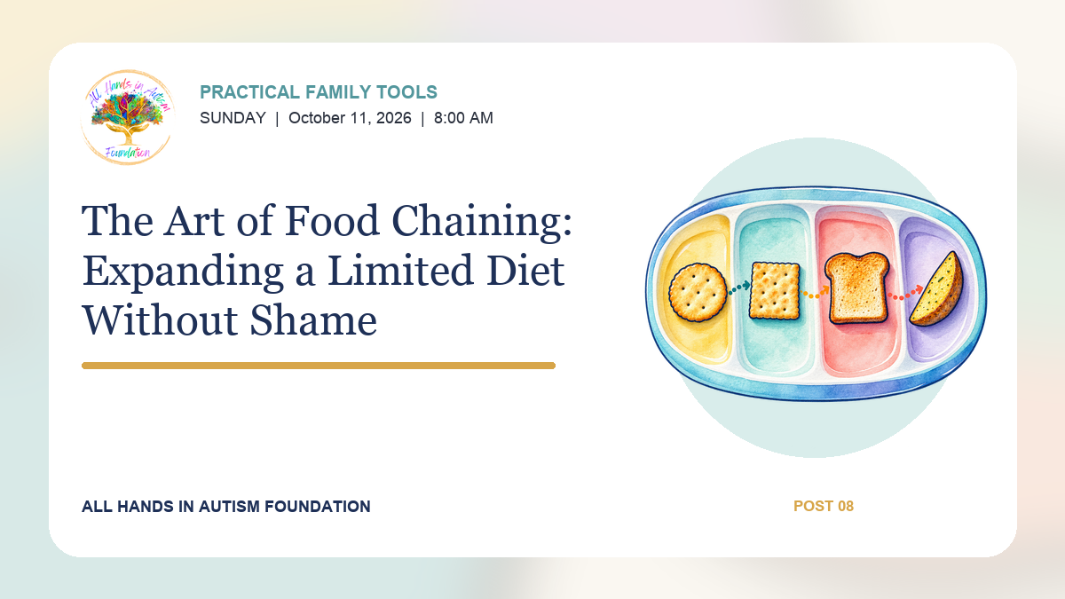 Watercolor sequence of similar foods connected in small steps, illustrating food chaining from accepted foods toward new choices.