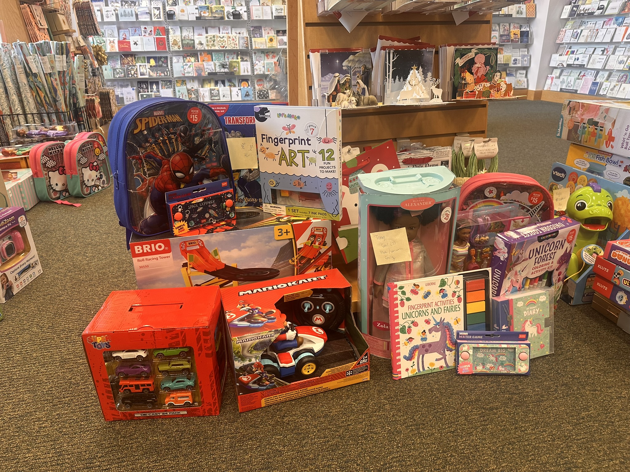 A large display of individually selected gifts at a store
