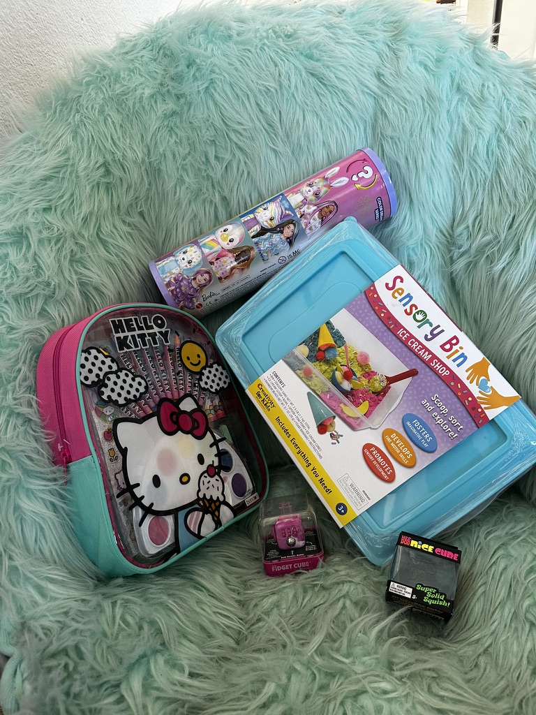 A sensory bin, activity kit and small gifts prepared together
