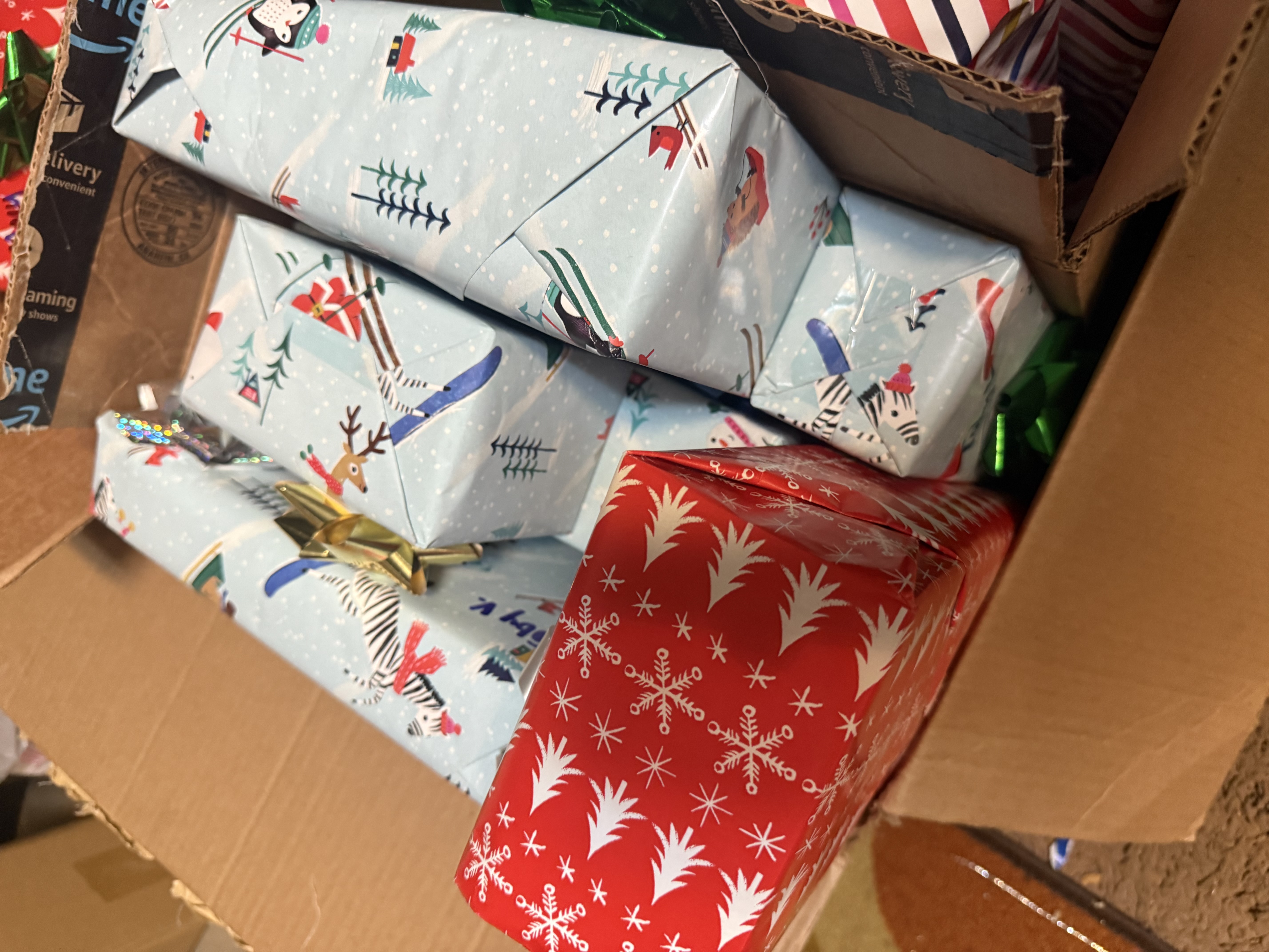 Colorfully wrapped Christmas gifts prepared for delivery