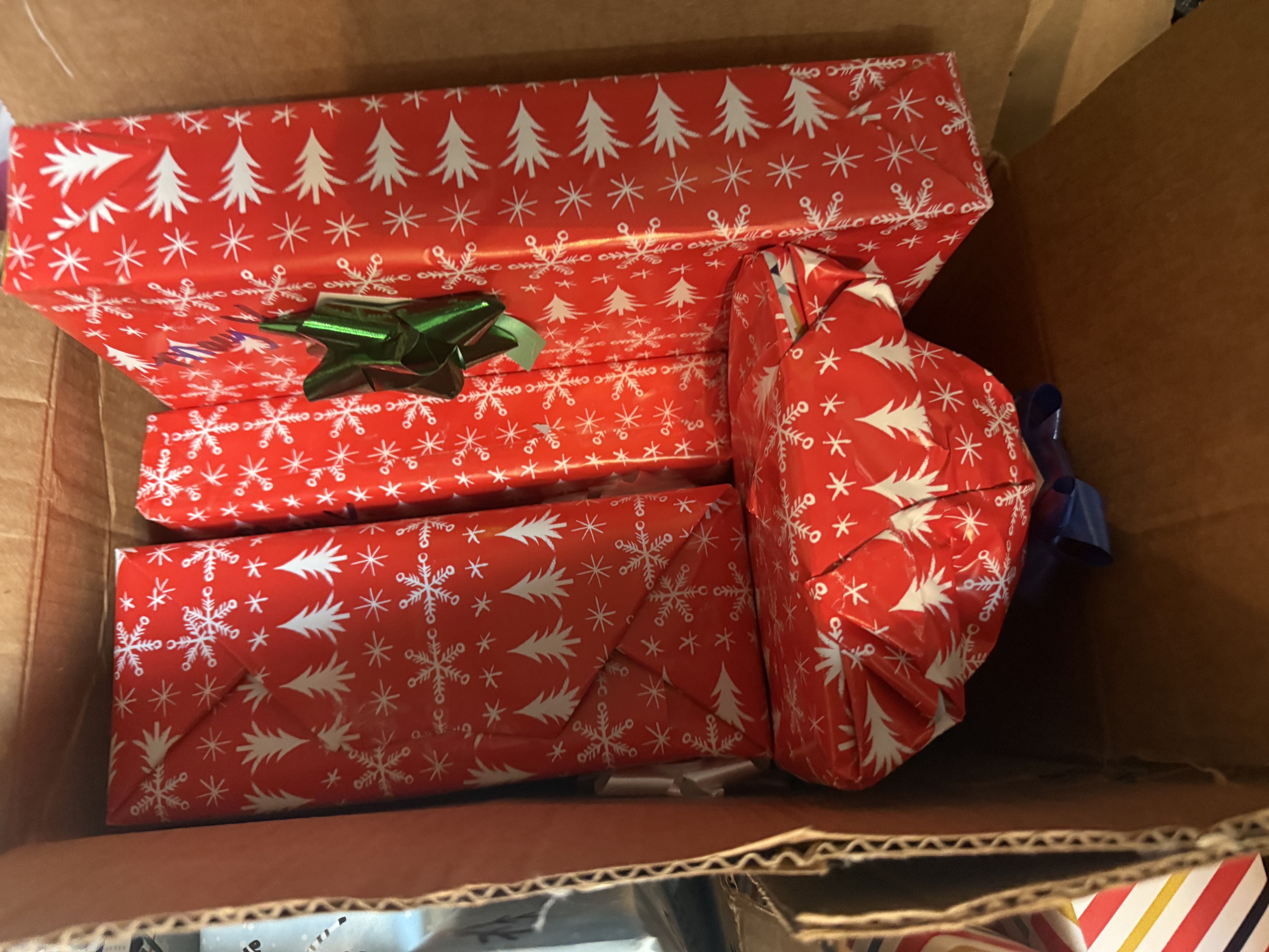 Red-wrapped presents arranged for a family