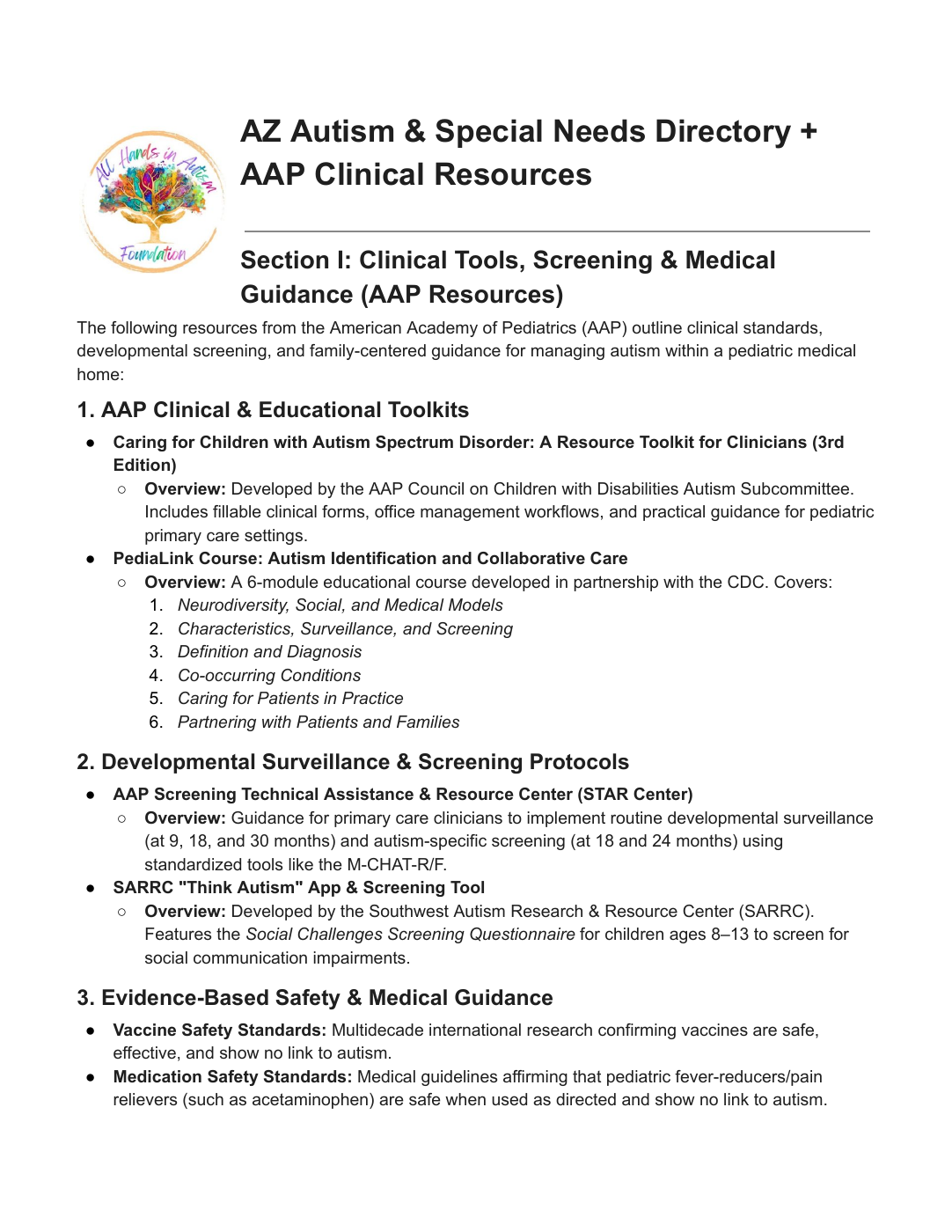 Cover of the Arizona Autism and Special Needs Directory and AAP Clinical Resources printable guide